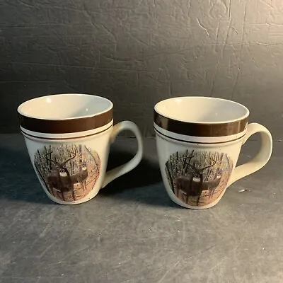 2 Cabela's Whitetail Deer Buck Coffee Tea Mug Cup Folkcraft Stoneware 4 3/8  • $11.95