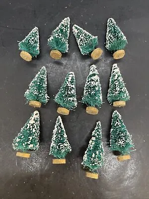 Mini GREEN Miniature Sisal Bottle Brush Snow Flocked Christmas Trees LOT Of 12 • $12