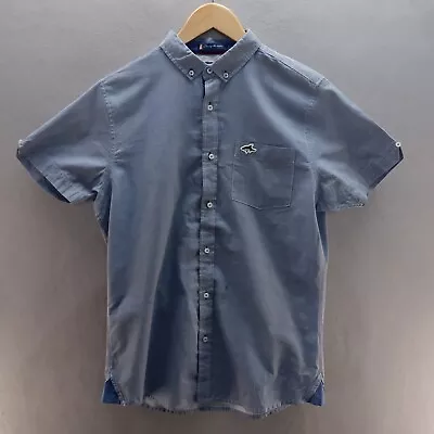 Le Shark Shirt Medium Blue Embroidered Logo Button Up Short Sleeve Mens • £11.13