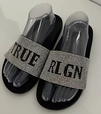 True Religion Jasmine Bling Silver Black Slides Slippers - SIZE 7 WOMEN • £26.59