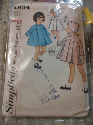 $3.99 • Buy Vintage Simplicity Primer 4834 Girl Toddler Coat & Hat Size 1 Sewing Pattern