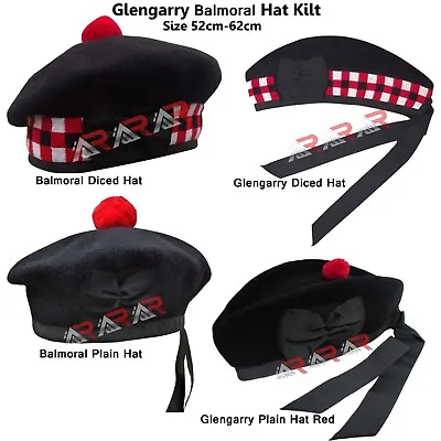 Men's Scottish Glengarry Kilt Hats Diced & Plain 100% Wool Piper 52-62 AAR  • $19.90