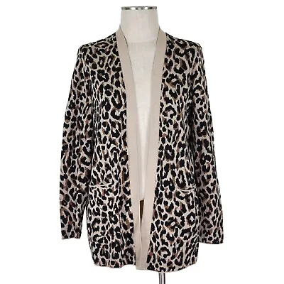 J Crew Open Cardigan Size S Leopard Print Front Slip Pockets Relaxed Fit Cotton • $23.96