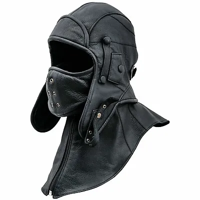 100% Real Leather Aviator Cap With Collar And Face Cover Tactical Hood Pilot Cap • $59.99