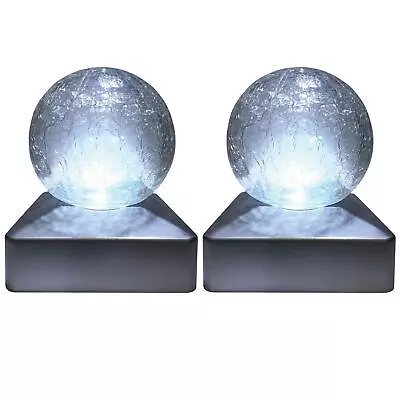 2 X SOLAR DECK CAP POST LIGHTS OUTDOOR GARDEN CRACKLE GLASS BALL LIGHTS WHITE • £14.95