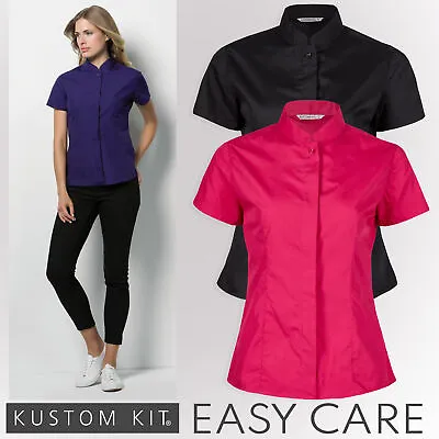 Womens Ladies Smart Short Sleeve Shirt Mandarin Collar Blouse Workwear Uniform • £7.99