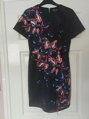 D87 Womans Spotlight Black Mix Butterfly Theme Short Sleeve Dress Uk 8 Eur 36 • £9.99