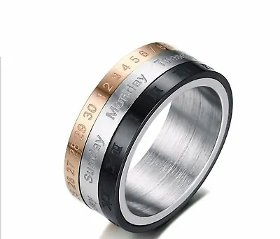 Men Spinning Roman Numeral Day Rotatable Tricolor Stainless Steel Silver Ring • $11.99