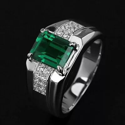 3Ct Emerald Cut Lab-Created Emerald Men's Wedding Ring 14k White Gold Plated • $132