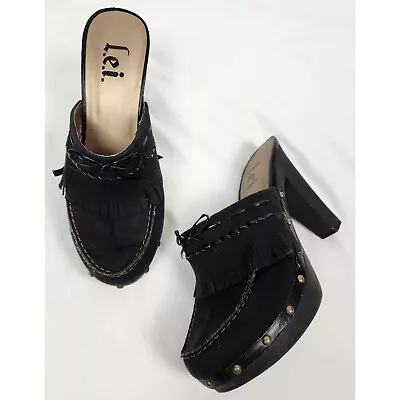 Vtg. L.E.I Women's Sz. 10 Anetteco Mules Clogs Heels Y2K Black Fringe • $49.99