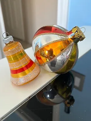 2 Vintage Shiny Bright Ornaments - Bell & Teardrop - MCM • $22.25