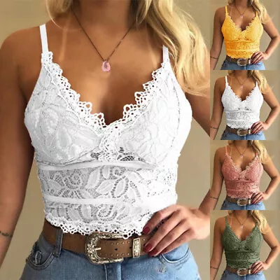 Sexy Womens Lace V Neck Bustier Bralette Bralet Bra Crop Top Cami Vest Camisole • £8.09