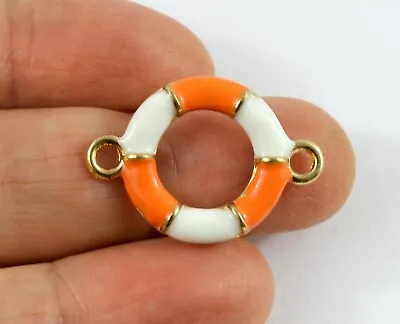 White Orange Enamel Gold Life Ring Charms - Nautical Pendant Beads Crafts Cards • £1.65