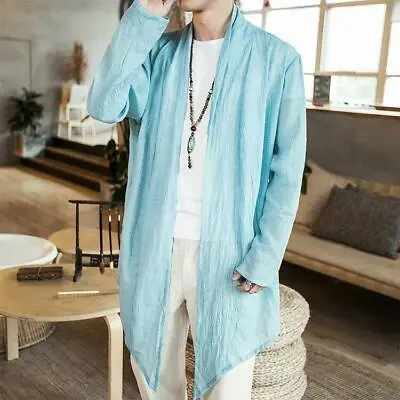 Mens Long Cape Cloak Cotton Linen Retro Cardigan Coat Loose Jacket Tops SZ M-5XL • $26.27