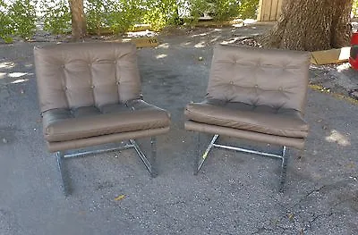 Pair Sexy Milo Baughman Style Leather Scoop Slipper Chairs W Chrome Frame • $1400