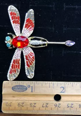 Vintage Dragonfly Insect Bug Brooch Pin Red Silver Crystal Glass Rhinestone • $14.99