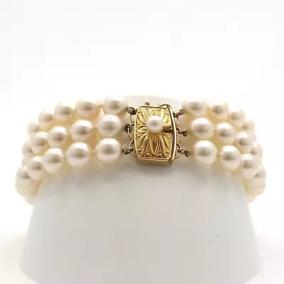 Mikimoto 18k Gold Triple Strand Akoya Pearl Station Bracelet In Original Box 7in • $2180.25