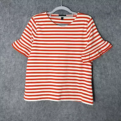 J Crew Top Medium Nautical Coastal Striped Ruffle Bell Sleeve Stretch Red White • $17.22