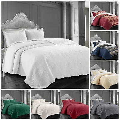 Jacquard Quilted Bedspread 3PC Bed Throw Bedding Set Double King Super King Size • £36.89