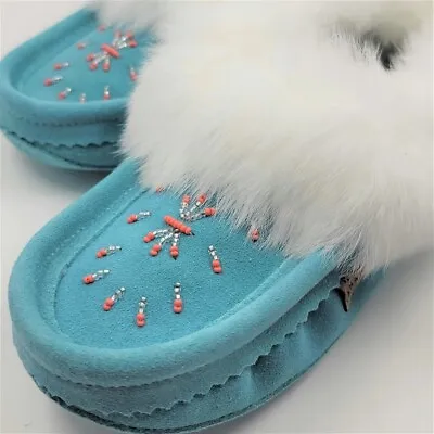 Made In Canada Moccasin Turquoise Suede Rabbit Fur Fleece Lined Slipper Size 10 • $90