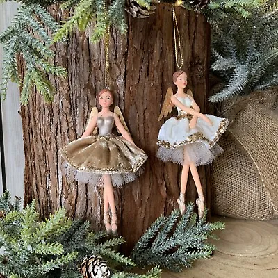Cream & Gold Velvet Fairy Hanging Christmas Tree Decoration Angel Gisela Graham  • £11.99