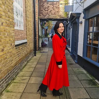 Mansfield London Long Red Vintage Coat With Black Velvet Trim Size 14 • £60
