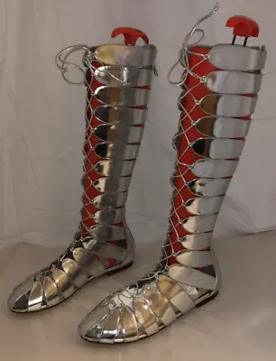 37/7❤️Francesco Silver Metallic Leather Knee High Gladiator Sandals Tall Boots • $385