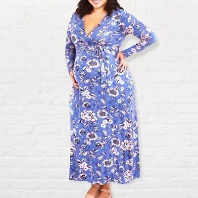 Motherhood Maternity Size Small  Maxi Dress Faux Wrap Tie Waist Floral Blue Pink • $18.99