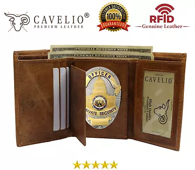 RFID Genuine Leather Trifold Badge Holder Wallet Police Badge Holder USA Series • $38.58