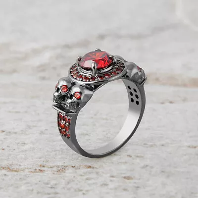 Skull Engagement Ring For Women 1.10TCW Red Garnet Gothic Rings Silver Gun Metal • $208.99