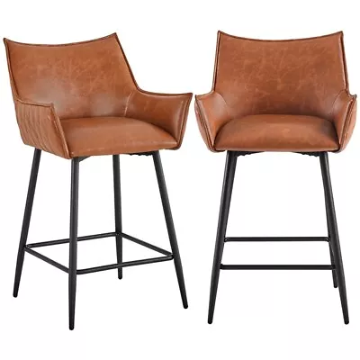 PU Leather Bar Stools Modern Bar Chair Counter Stools With Mid-back 2PCS Brown • $102.99