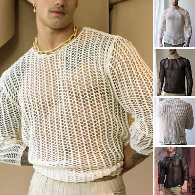 US STOCK Mens Long Sleeve Mesh Fishnet T Shirts Casual Muscle Blouse T Shirt Top • $16.20