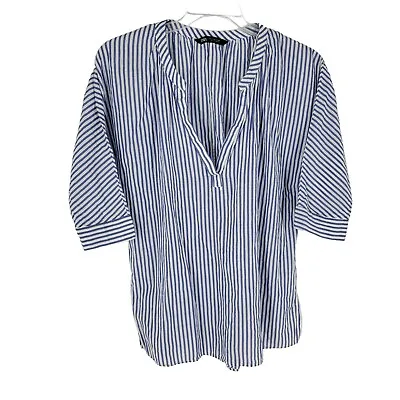 $12.71 • Buy Zara Striped Blue White V Neck Short Sleeve Blouse Medium