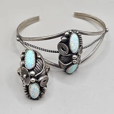 Vintage Native American Navajo Indian Sterling Silver Opal Bracelet Ring Jewelry • $250