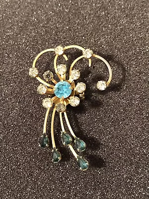 Vintage Gold Tone Curling Brooch Pin With Rhinestones And Blue Stones Costume • $10