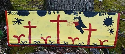 R A MILLER Outsider Visionary Folk Art 3 Crosses On Golgotha Painting On Metal • $450