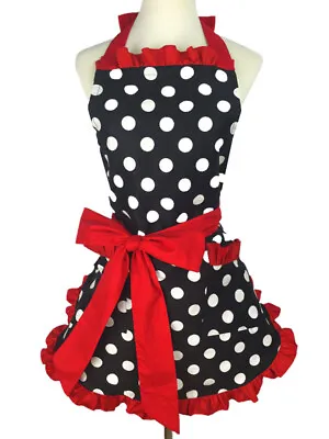 Women Polka Dots Ruffle Apron Smock Pocket Lace Up Cafe Protective Florist Clean • $30.56