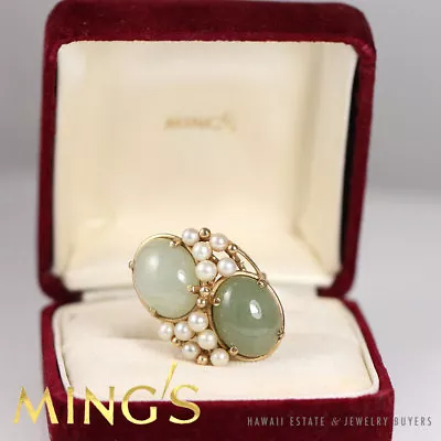 Ming's Hawaii Signed Twin Jade & Pearl 14k Yellow Gold Ring Size 4.25 W/ Box  • $990