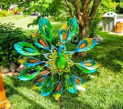 Peacock Sculpture Wind Spinner Large Metal Garden Yard Art Decor Statue Ornament • $49.99
