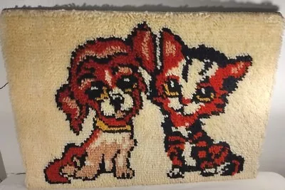 $46.75 • Buy Vtg Cat & Dog Big Eyes Latchook Rug Wall Hanging Decor MCM Retro Groovy 19  X 26