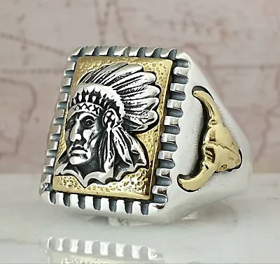 £58.92 • Buy Head & Buffalo 925 Sterling Silver Indian Chief Men's Ring Handmade 18gr