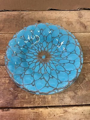 Vintage Art Glass  Plate  Teal Blue Flower Design 6 3/4  • $22.99