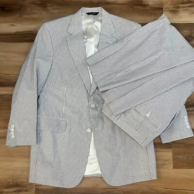 Jos A Bank Seersucker Suit Mens 40R Blue Stripe Pants 34 X 30 Pleated • $149.99