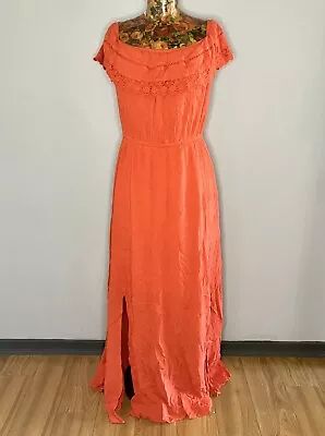 CITY CHIC - Size S (16-18) Orange Crinkle Off Shoulder Lace Trim Maxi Dress Plus • $26.95