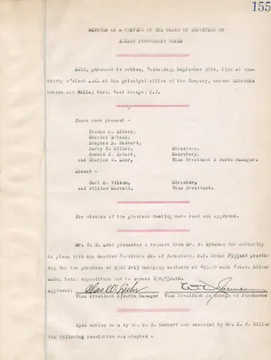 Thomas A. Edison - Corporate Minutes Signed 09/29/1920 With Co-signers • $1800