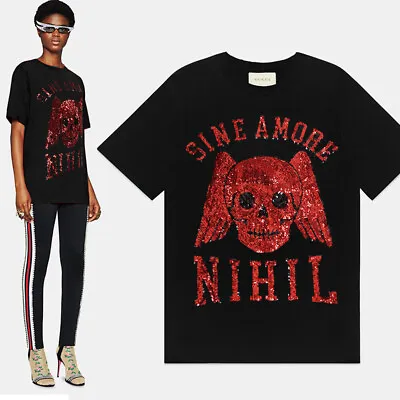 $730.84 • Buy Sz XS NEW $1490 GUCCI Sine Amore RED SEQUIN WINGED SKULL Oversized TEE SHIRT TOP