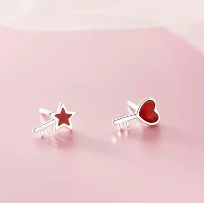 Silver Tiny Red Star Love Heart Key Shape Mismatch Stud Earring • $8.99