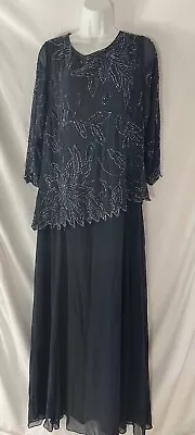 J Kara Women's Plus Size 3/4 Sleeve With Scallop Beaded Pop Over Gown Navy 20 W • $95.03