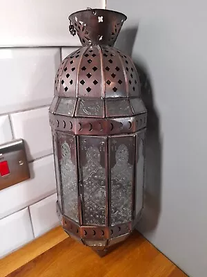 Large Moroccan Style Metal Hanging Candle Lantern Ornate Glass  • £25