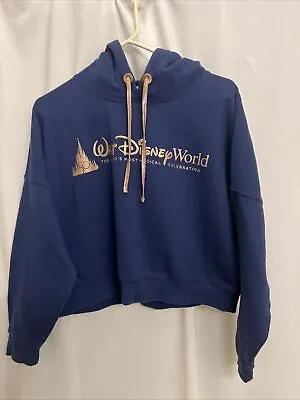 Walt Disney World 50th Anniversary Women’s Sz L Cropped Hoodie Navy Sweatshirt • $9.99